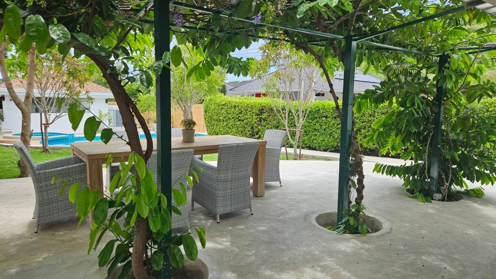 Dining table under a leafy pergola in the garden