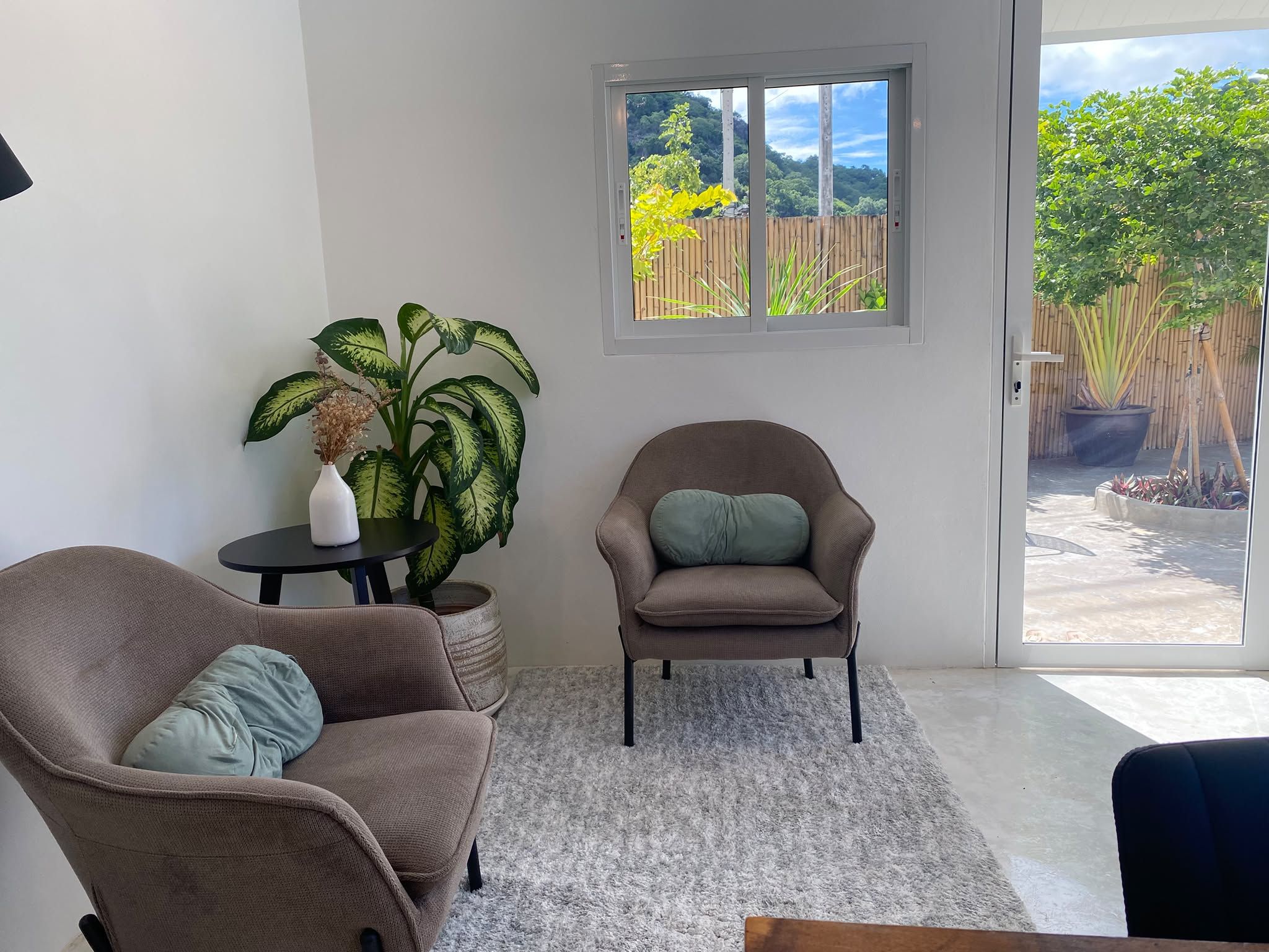 White sitting room corner with two armchairs and a view of the hill